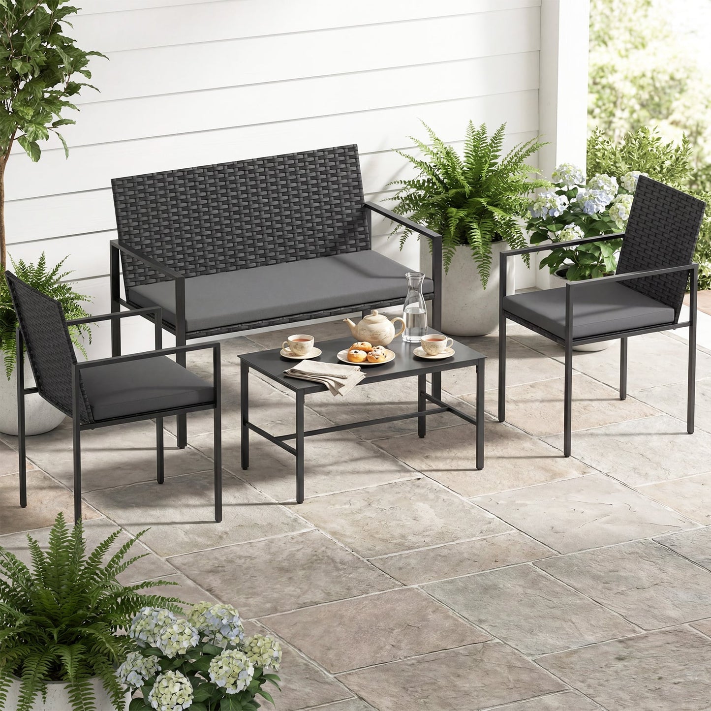 4-Piece Outdoor Rattan Chairs and Loveseat with Tempered Glass Coffee Table for Backyard-Grey
