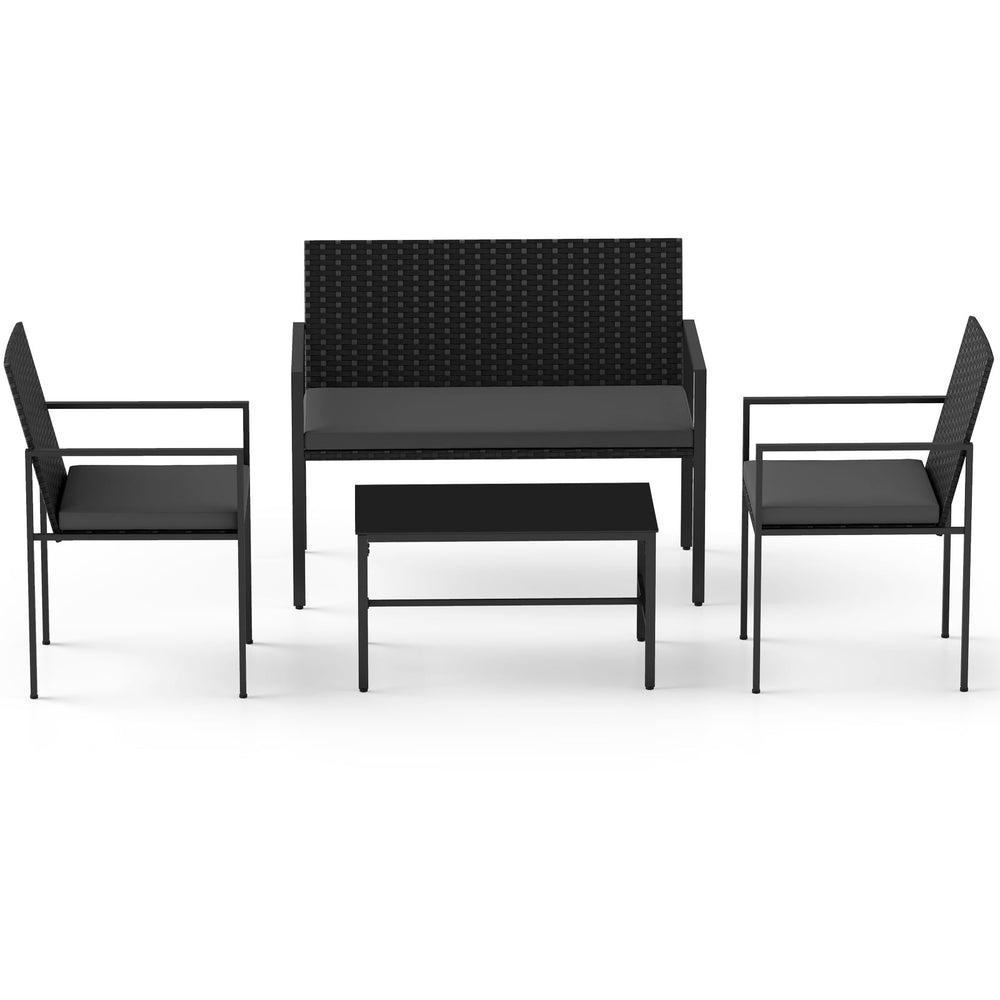 4-Piece Outdoor Rattan Chairs and Loveseat with Tempered Glass Coffee Table for Backyard-Grey