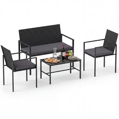 4-Piece Outdoor Rattan Chairs and Loveseat with Tempered Glass Coffee Table for Backyard-Grey