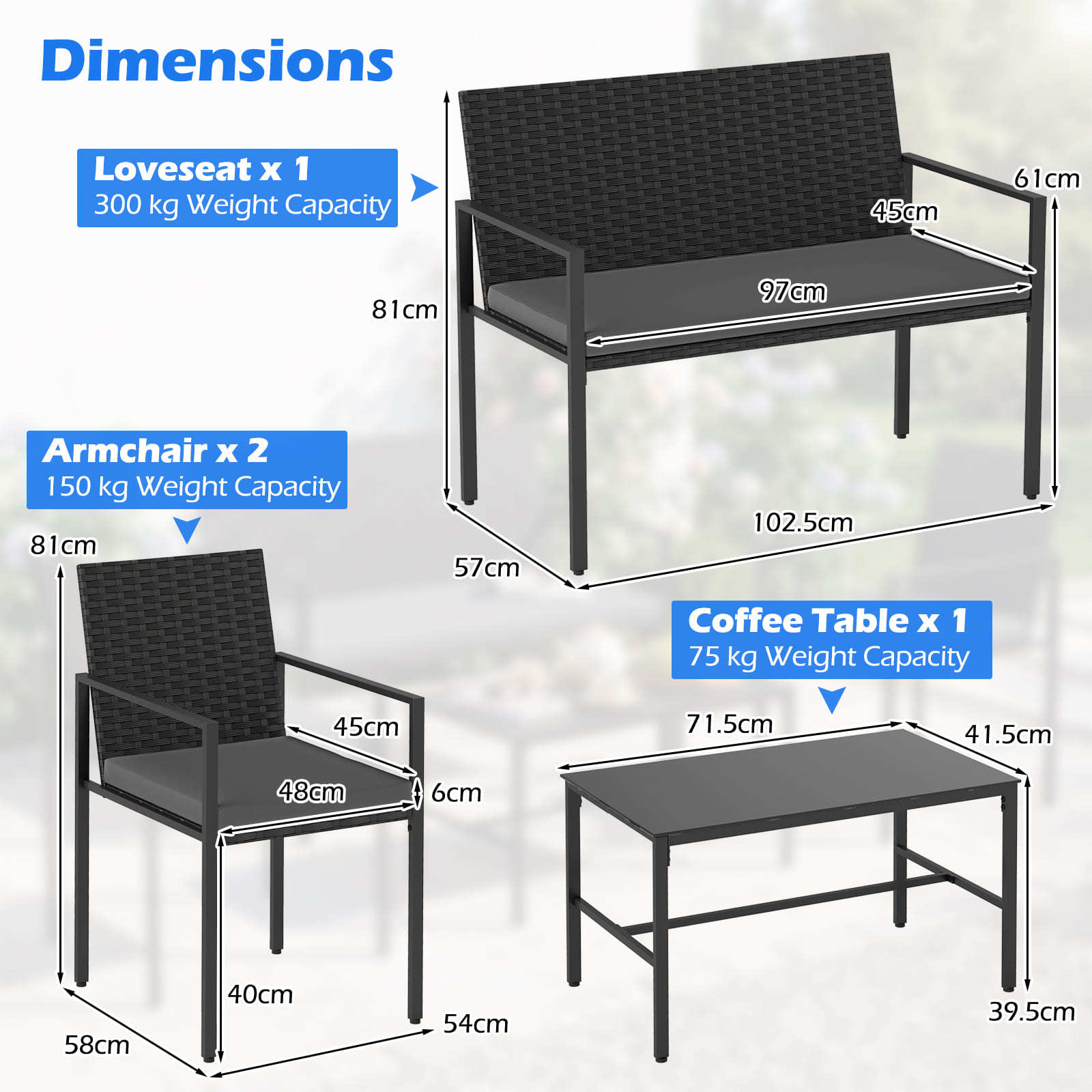 4-Piece Outdoor Rattan Chairs and Loveseat with Tempered Glass Coffee Table for Backyard-Grey