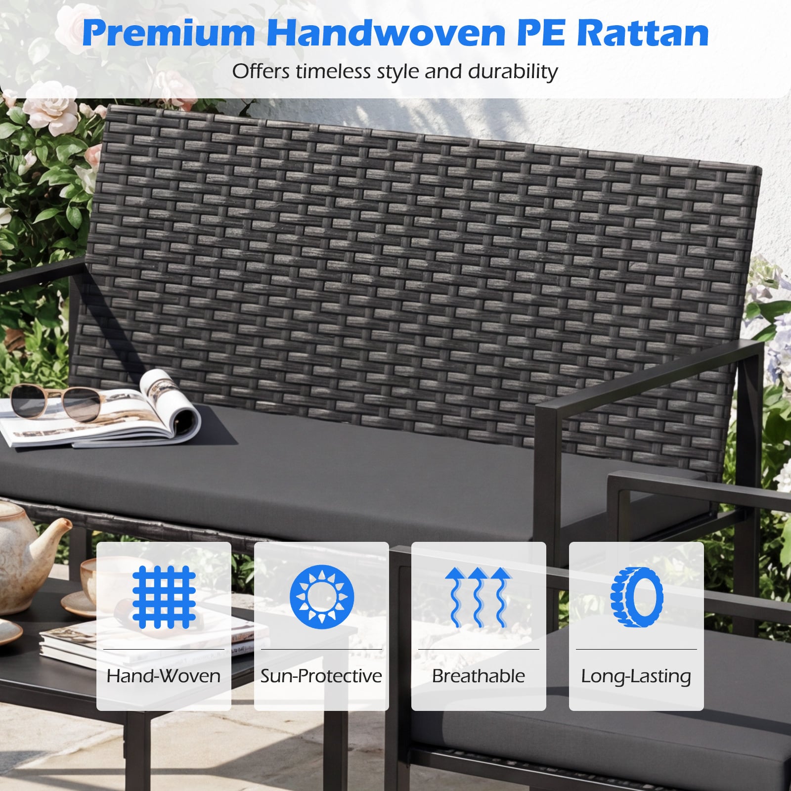 4-Piece Outdoor Rattan Chairs and Loveseat with Tempered Glass Coffee Table for Backyard-Grey
