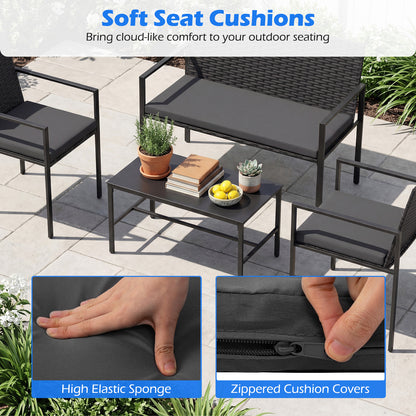 4-Piece Outdoor Rattan Chairs and Loveseat with Tempered Glass Coffee Table for Backyard-Grey