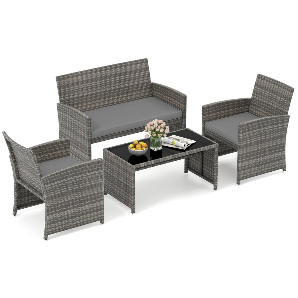 4 Piece Patio Conversation Set Rattan Chair Loveseat and Table Set with Seat Cushions-Grey