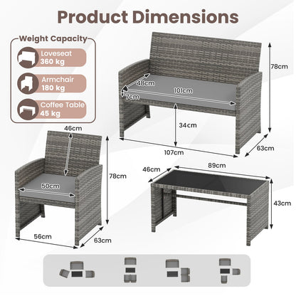 4 Piece Patio Conversation Set Rattan Chair Loveseat and Table Set with Seat Cushions-Grey