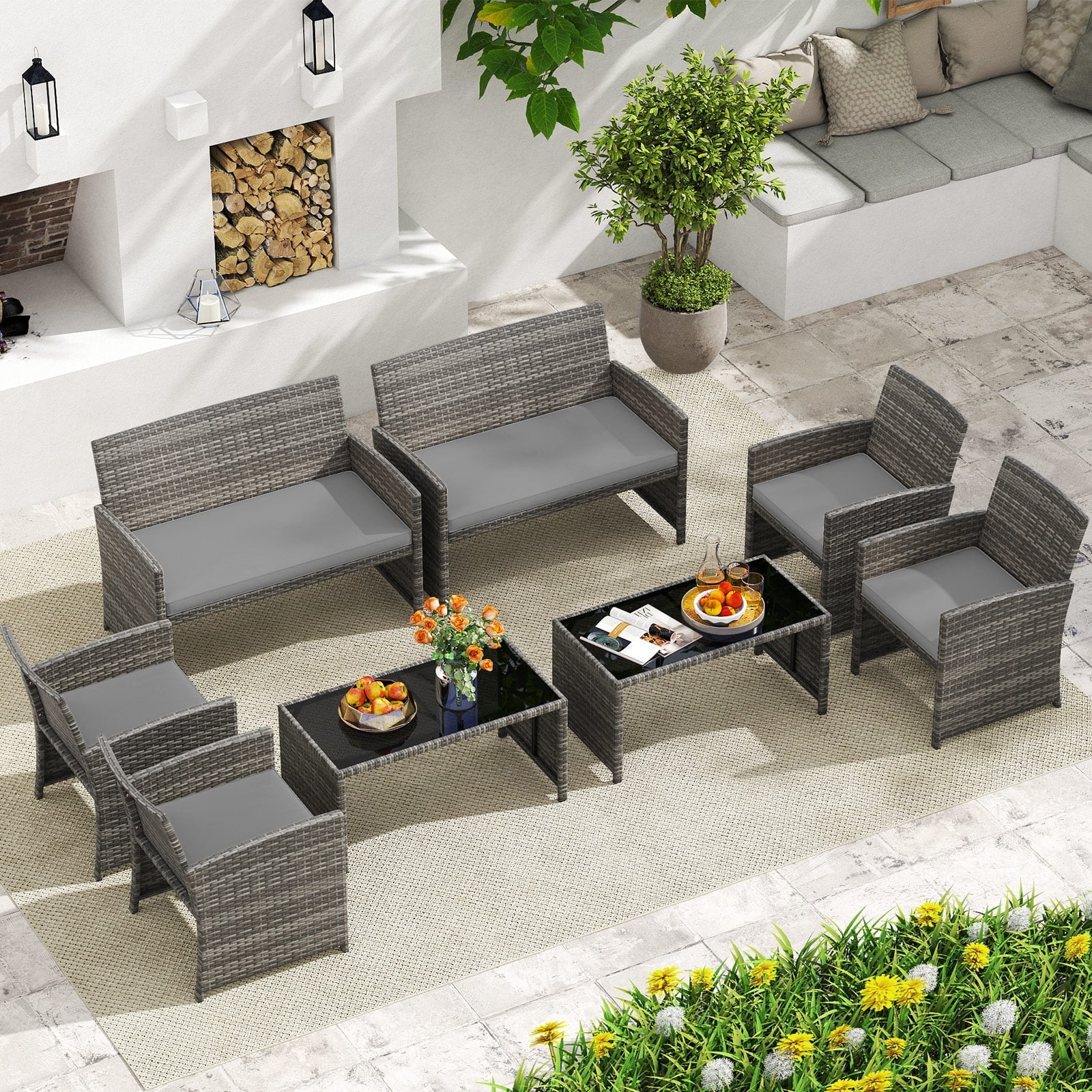 4 Piece Patio Conversation Set Rattan Chair Loveseat and Table Set with Seat Cushions-Grey
