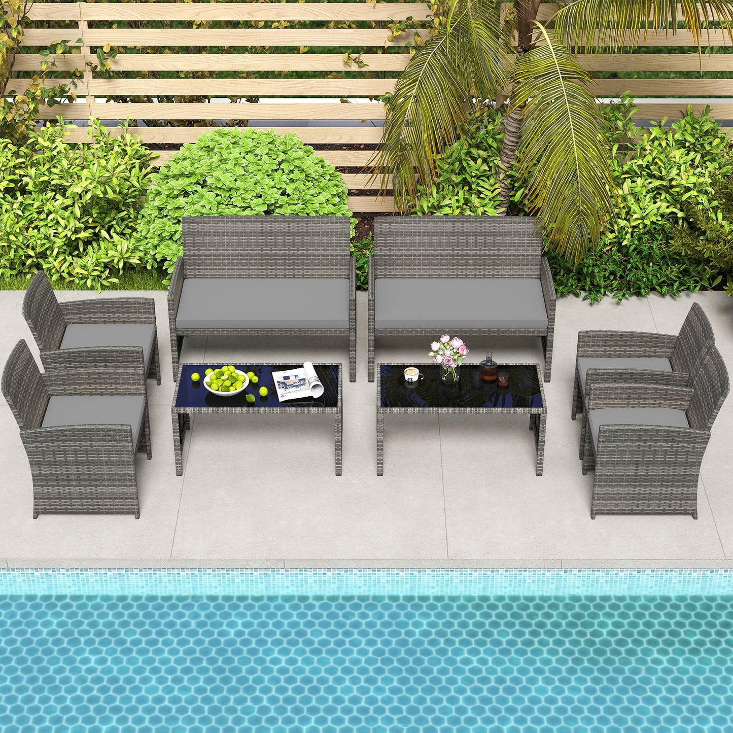 4 Piece Patio Conversation Set Rattan Chair Loveseat and Table Set with Seat Cushions-Grey