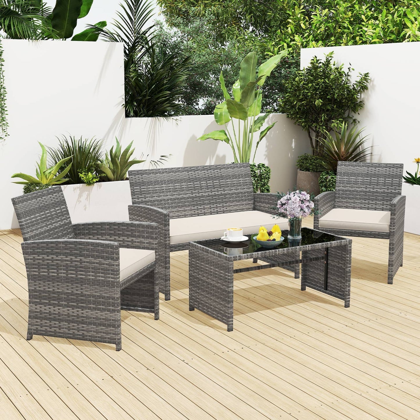 4 Piece Patio Conversation Set Rattan Chair Loveseat and Table Set with Seat Cushions-White