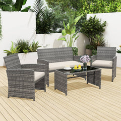 4 Piece Patio Conversation Set Rattan Chair Loveseat and Table Set with Seat Cushions-White