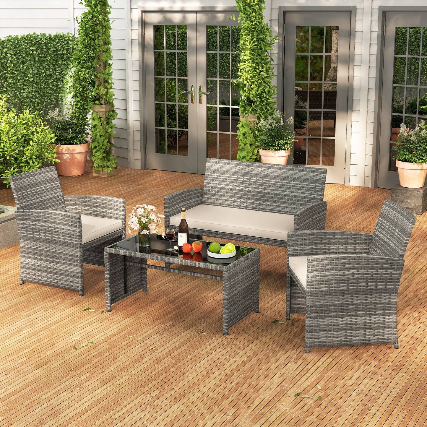 4 Piece Patio Conversation Set Rattan Chair Loveseat and Table Set with Seat Cushions-White