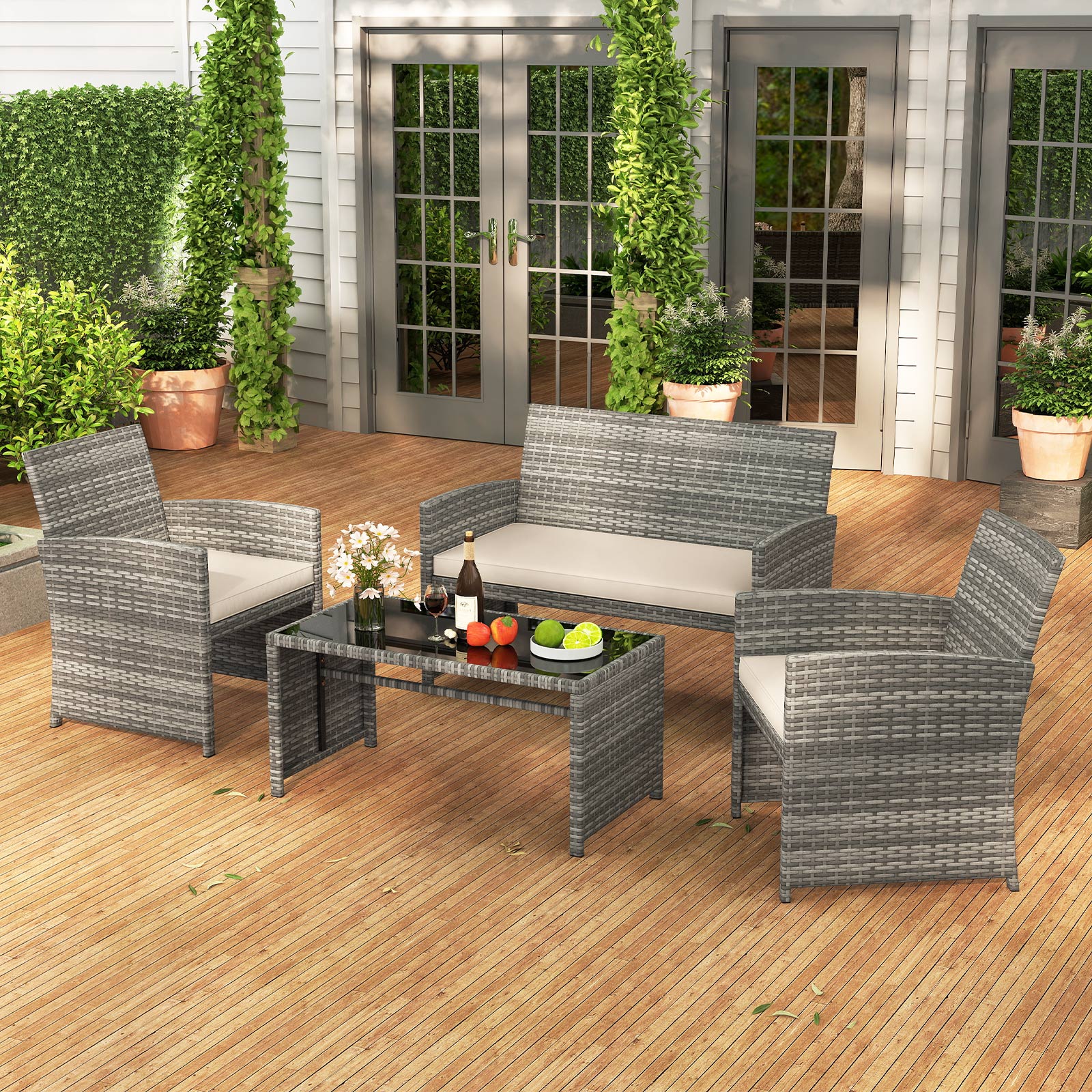 4 Piece Patio Conversation Set Rattan Chair Loveseat and Table Set with Seat Cushions-White