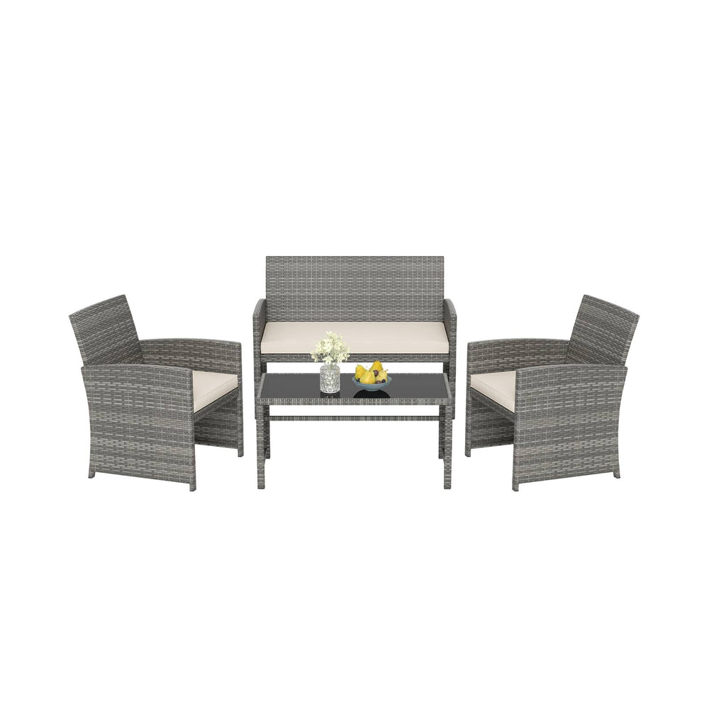 4 Piece Patio Conversation Set Rattan Chair Loveseat and Table Set with Seat Cushions-White