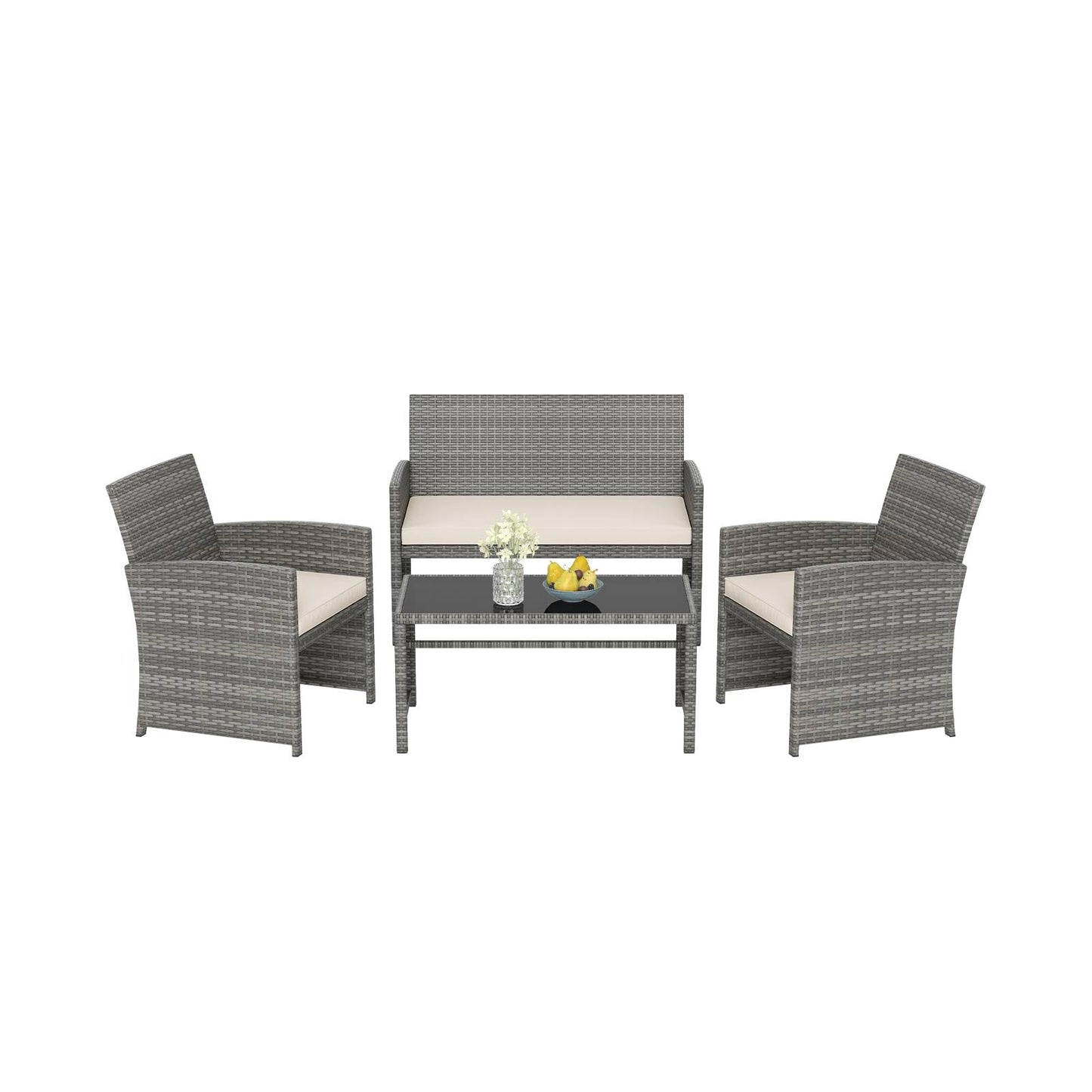 4 Piece Patio Conversation Set Rattan Chair Loveseat and Table Set with Seat Cushions-White