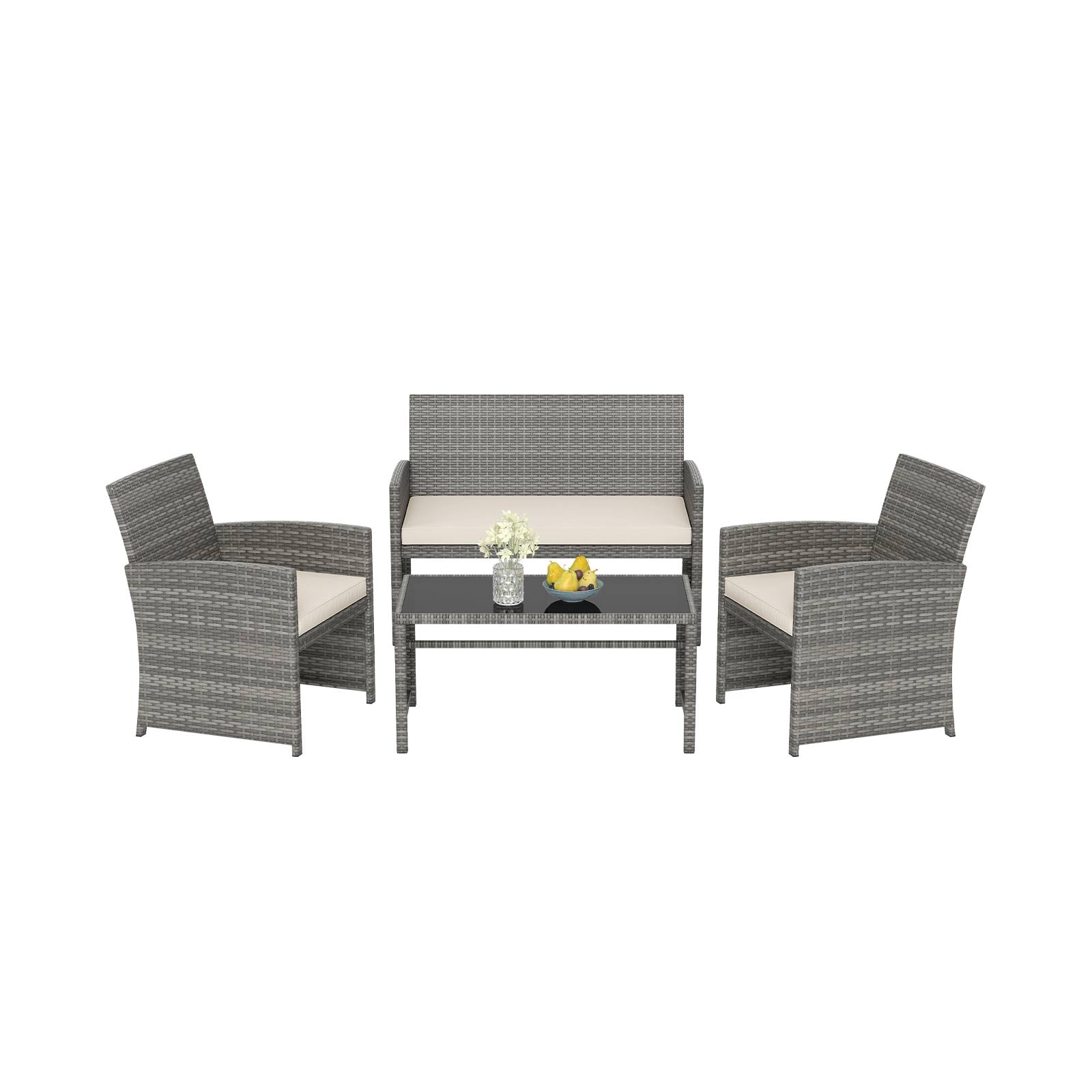4 Piece Patio Conversation Set Rattan Chair Loveseat and Table Set with Seat Cushions-White