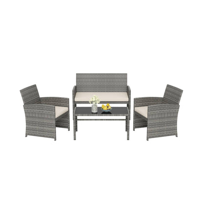 4 Piece Patio Conversation Set Rattan Chair Loveseat and Table Set with Seat Cushions-White