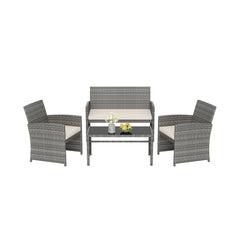 4 Piece Patio Conversation Set Rattan Chair Loveseat and Table Set with Seat Cushions-White
