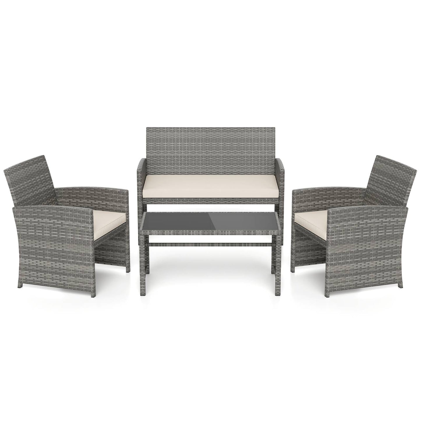 4 Piece Patio Conversation Set Rattan Chair Loveseat and Table Set with Seat Cushions-White