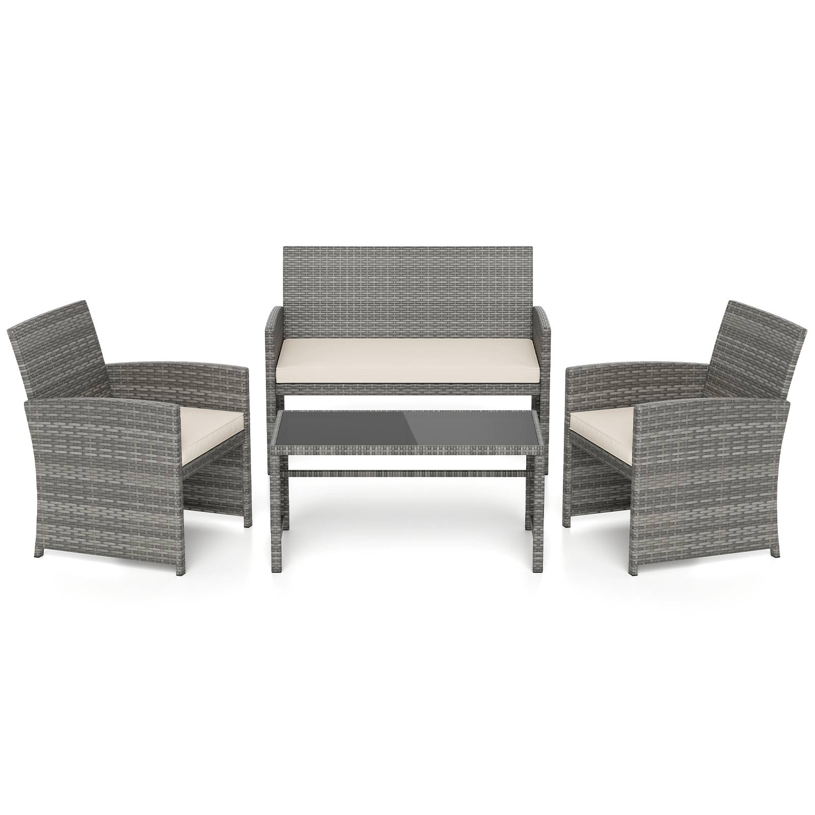 4 Piece Patio Conversation Set Rattan Chair Loveseat and Table Set with Seat Cushions-White