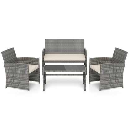 4 Piece Patio Conversation Set Rattan Chair Loveseat and Table Set with Seat Cushions-White