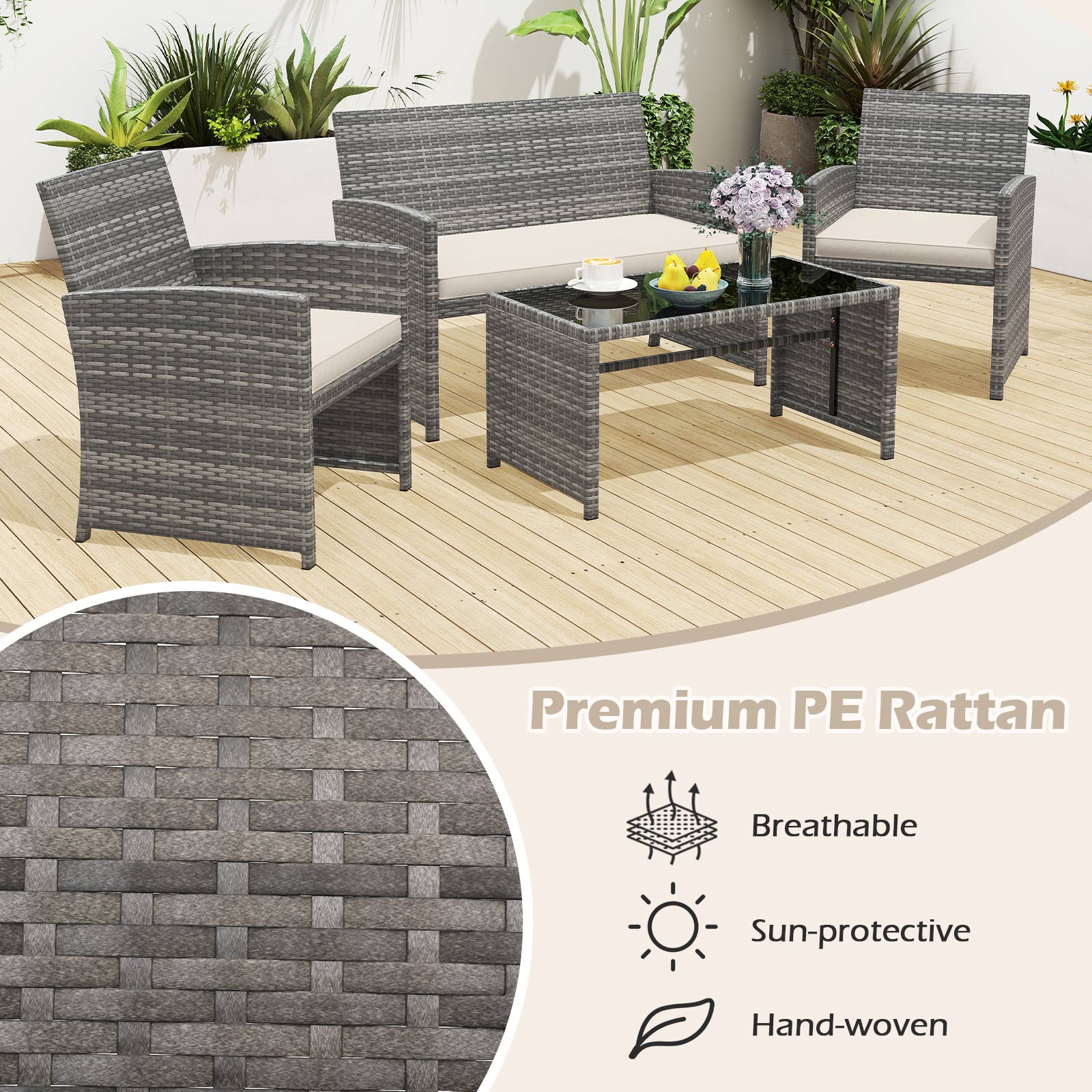 4 Piece Patio Conversation Set Rattan Chair Loveseat and Table Set with Seat Cushions-White