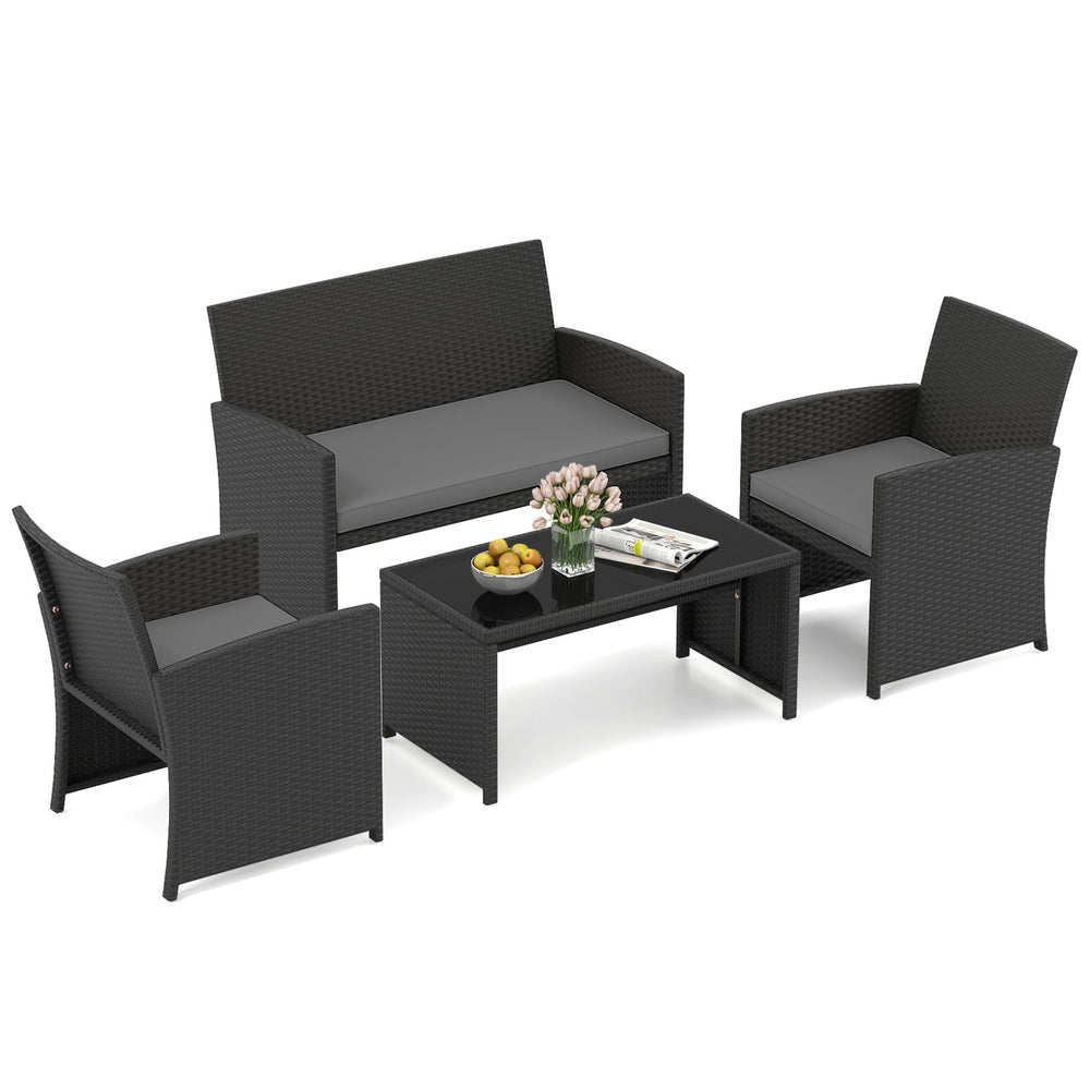 4 Piece Patio Rattan Conversation Set Wicker Loveseat Armchairs-Grey