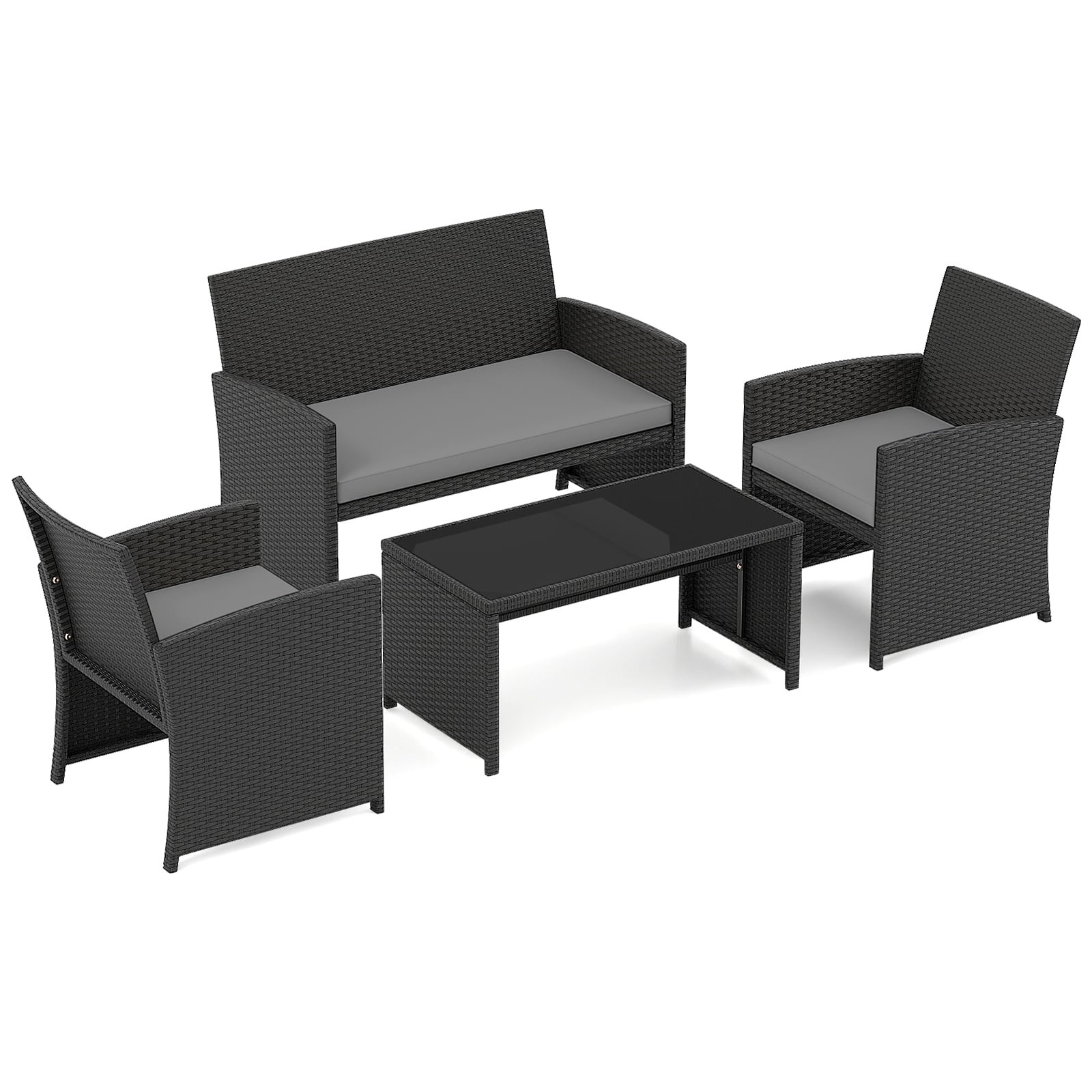 4 Piece Patio Rattan Conversation Set Wicker Loveseat Armchairs-Grey