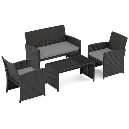 4 Piece Patio Rattan Conversation Set Wicker Loveseat Armchairs-Grey