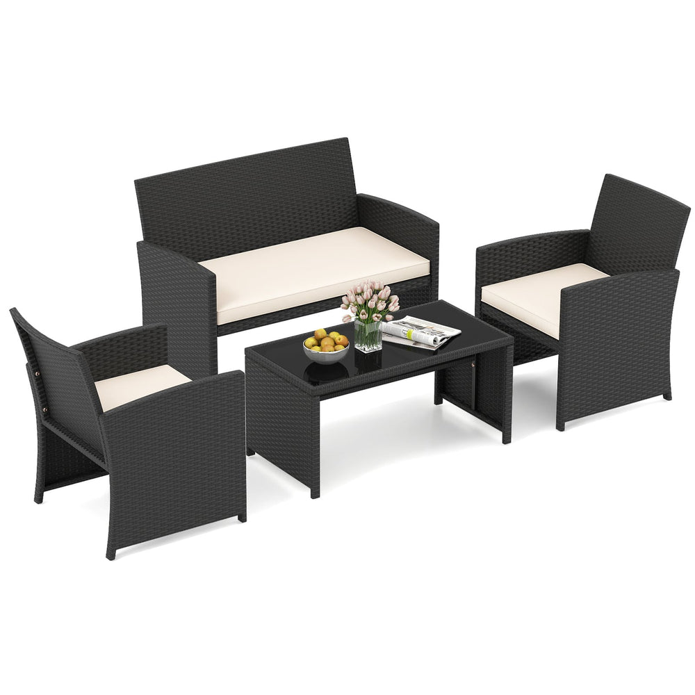 4 Piece Patio Rattan Conversation Set Wicker Loveseat Armchairs-White