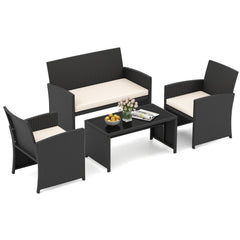 4 Piece Patio Rattan Conversation Set Wicker Loveseat Armchairs-White