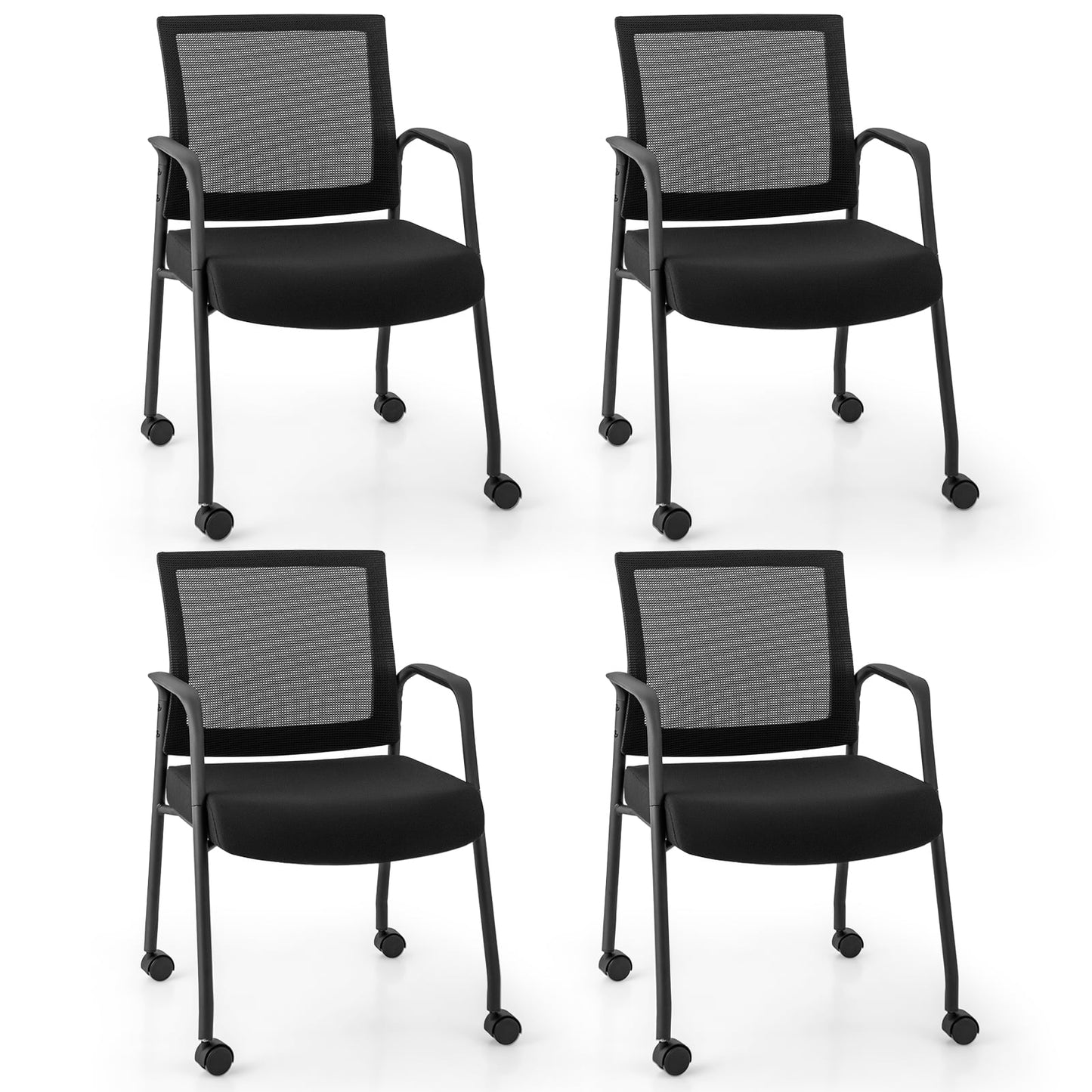 4 Pieces Office Guest Chairs on Wheels-Black