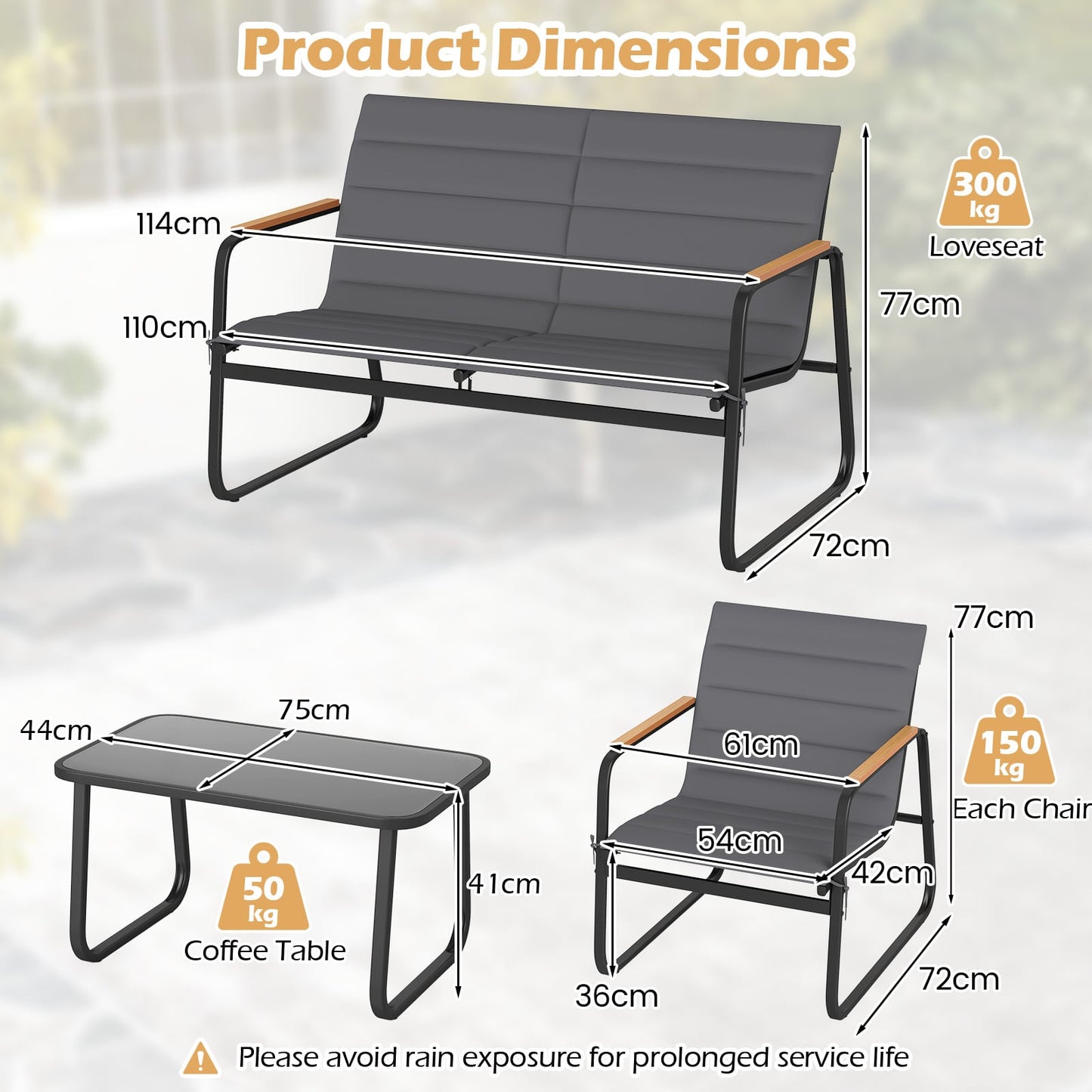 4 Pieces Outdoor Furniture Set with Cushions and Tempered Glass Table-Grey