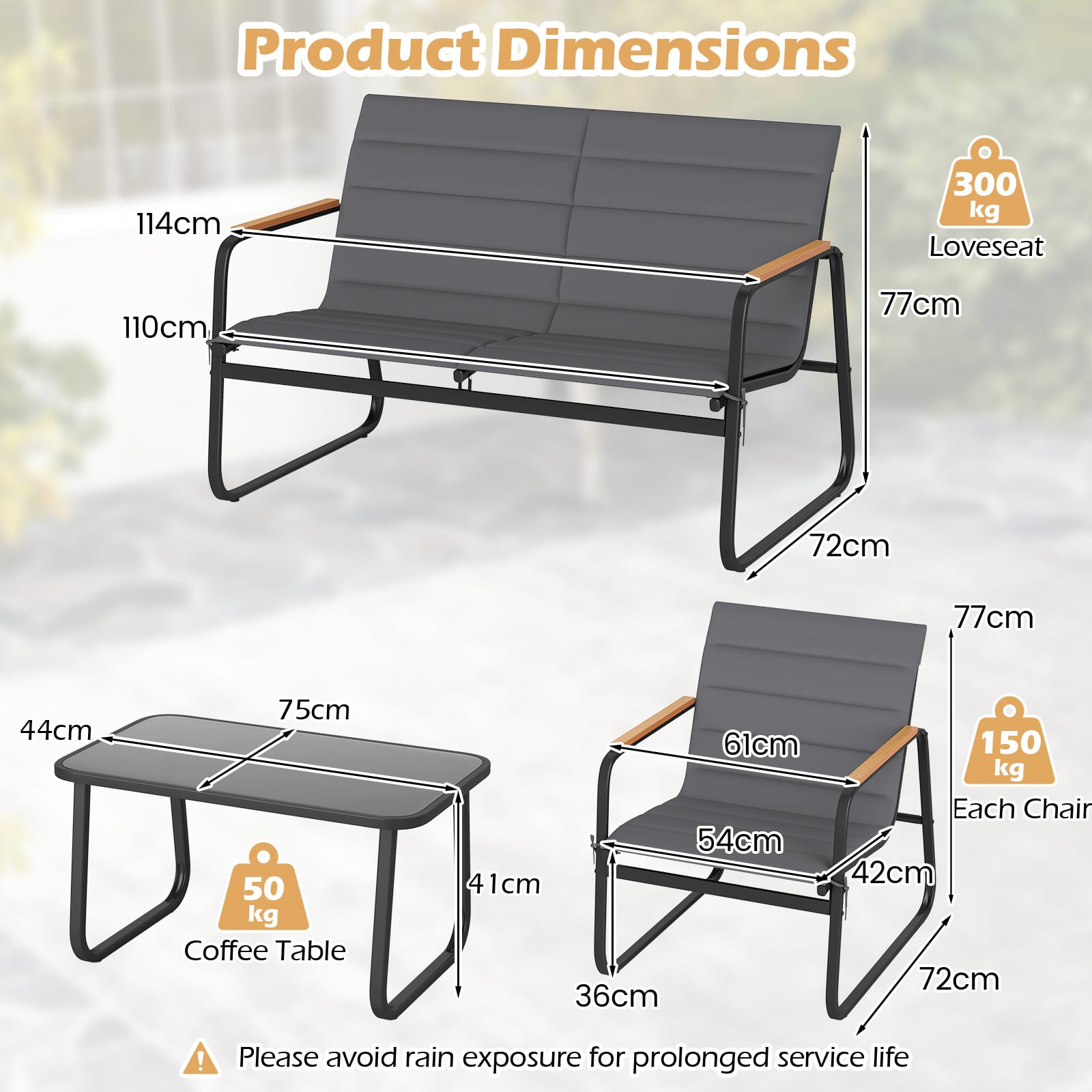 4 Pieces Outdoor Furniture Set with Cushions and Tempered Glass Table-Grey