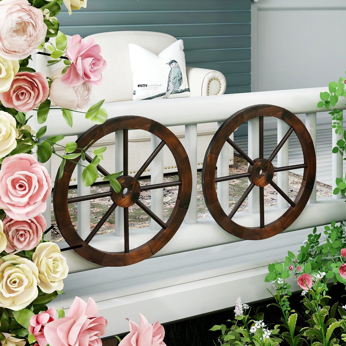 4 Pieces Rustic Wood Wagon Wheels for Party Bar Garage Home Garden