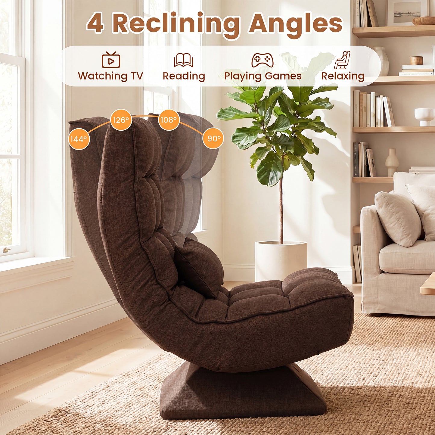 4-Position Adjustable Floor Chair with Swivel Base-Brown