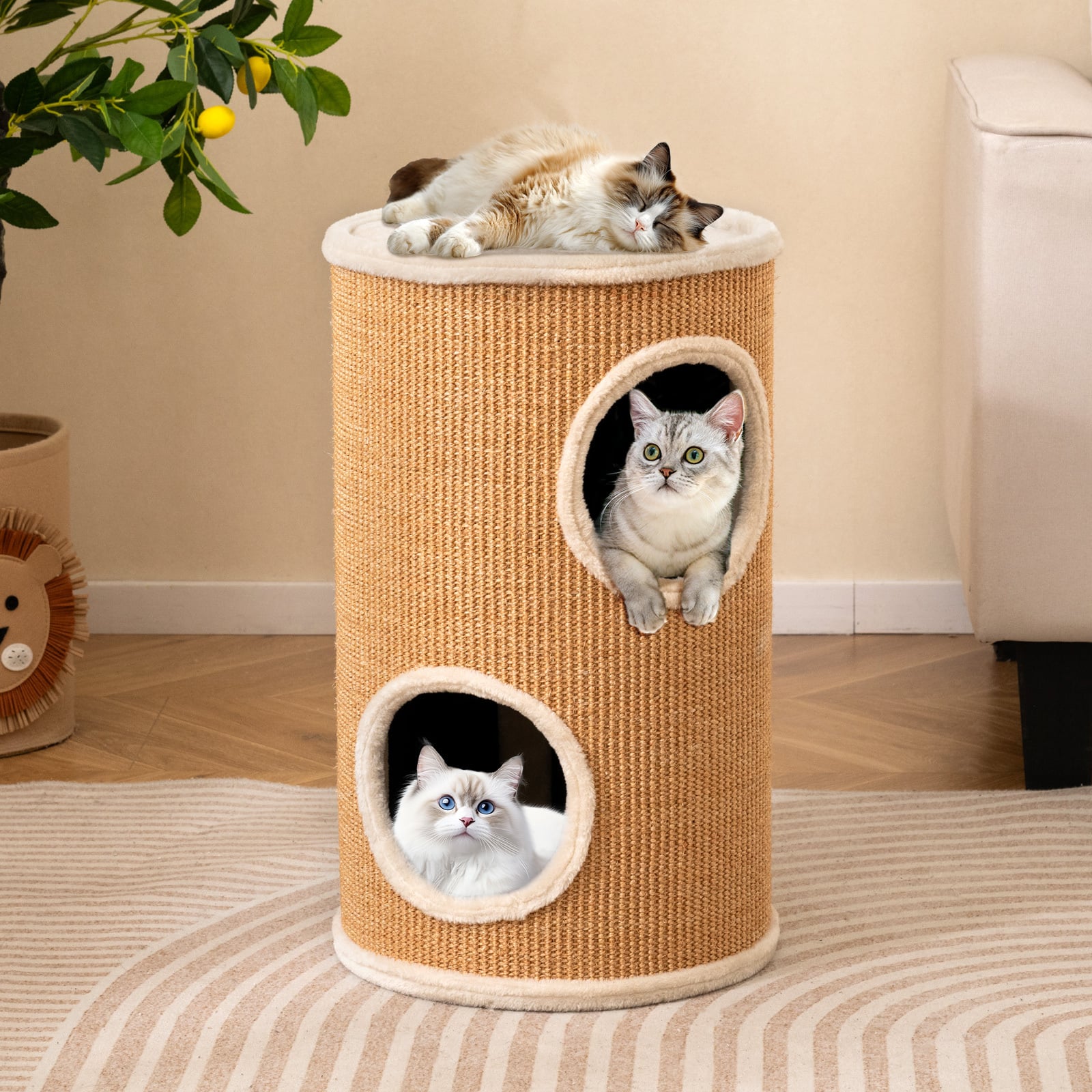 4-Story Cat Condo with Sisal Scratching Pad and Napping Plush Bed-Brown
