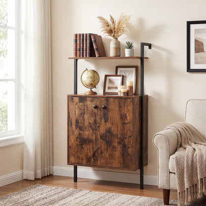 4-Tier Bookshelf with Double-Door Cabinet and Heavy-Duty Metal Frame-Rustic Brown