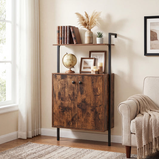 4-Tier Bookshelf with Double-Door Cabinet and Heavy-Duty Metal Frame-Rustic Brown