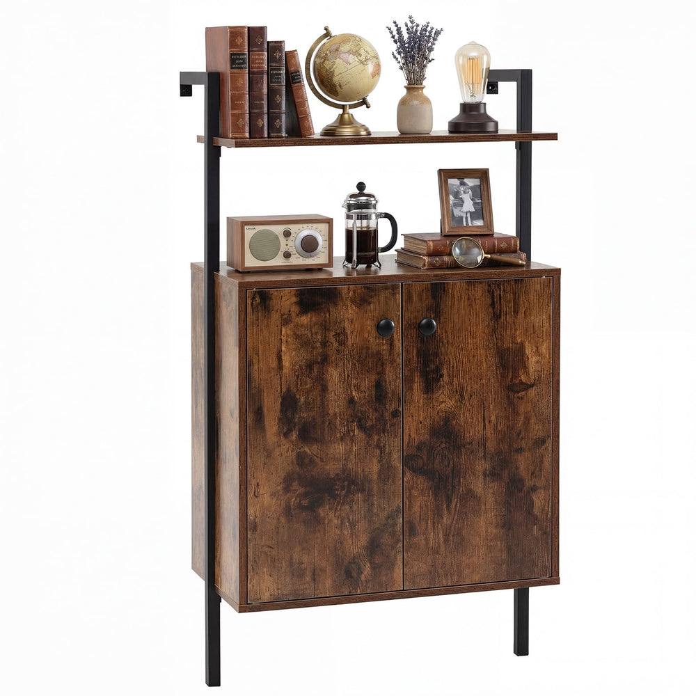4-Tier Bookshelf with Double-Door Cabinet and Heavy-Duty Metal Frame-Rustic Brown