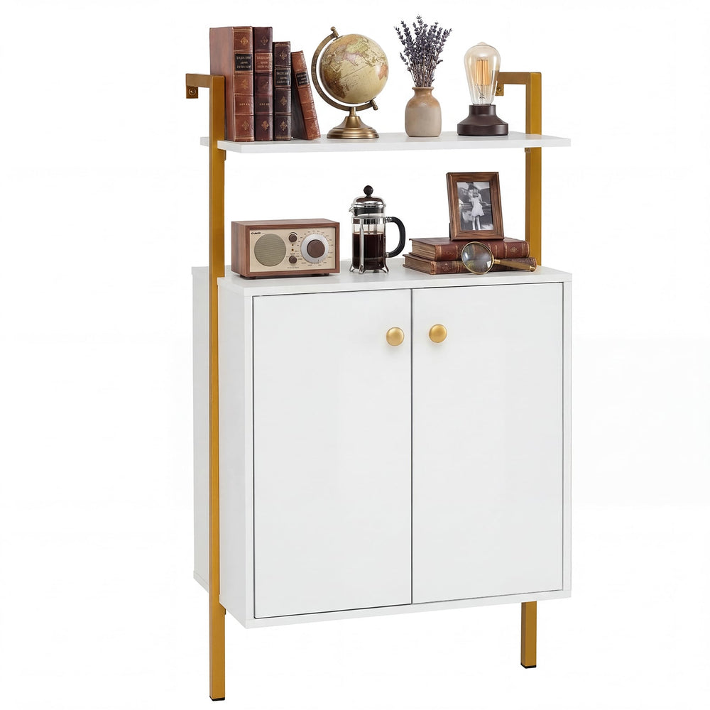 4-Tier Bookshelf with Double-Door Cabinet and Heavy-Duty Metal Frame-White