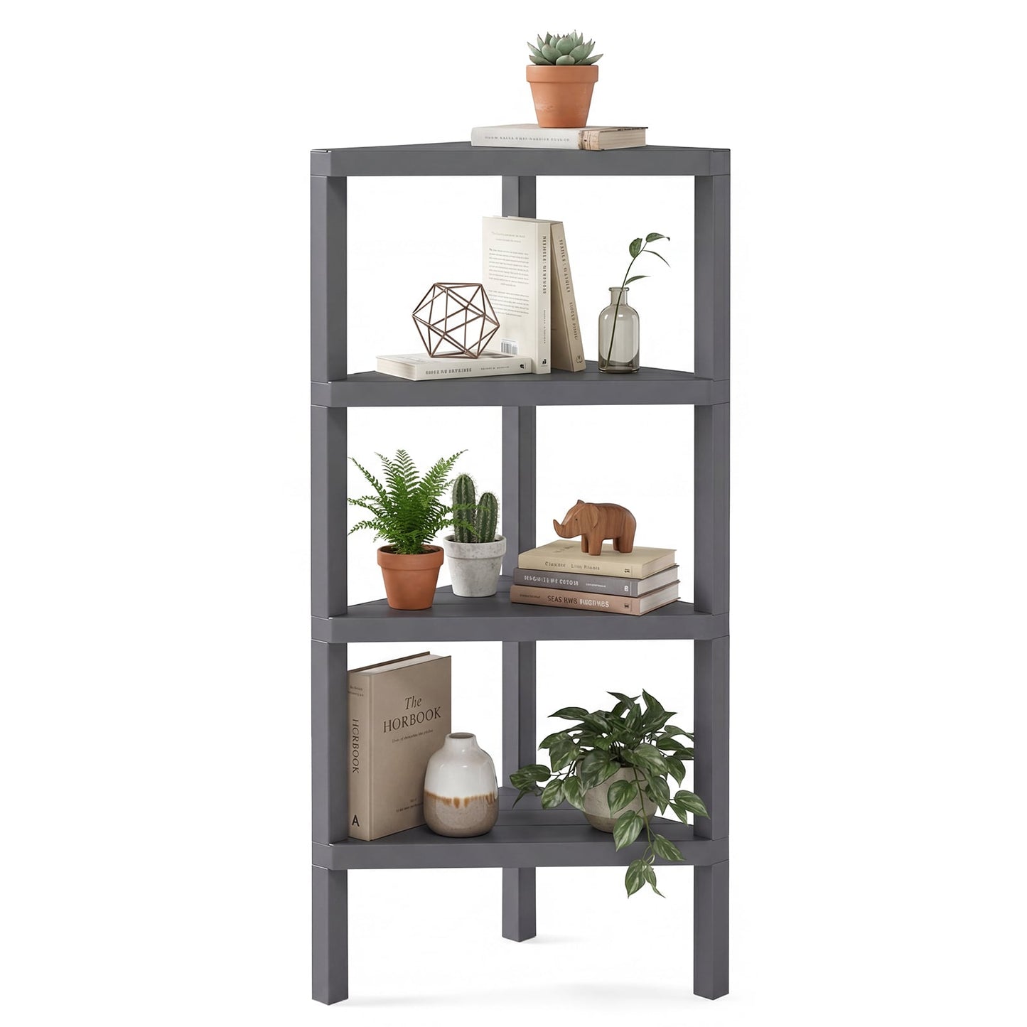 4-Tier Corner Shelf Stand with Open Slatted Shelves-Grey