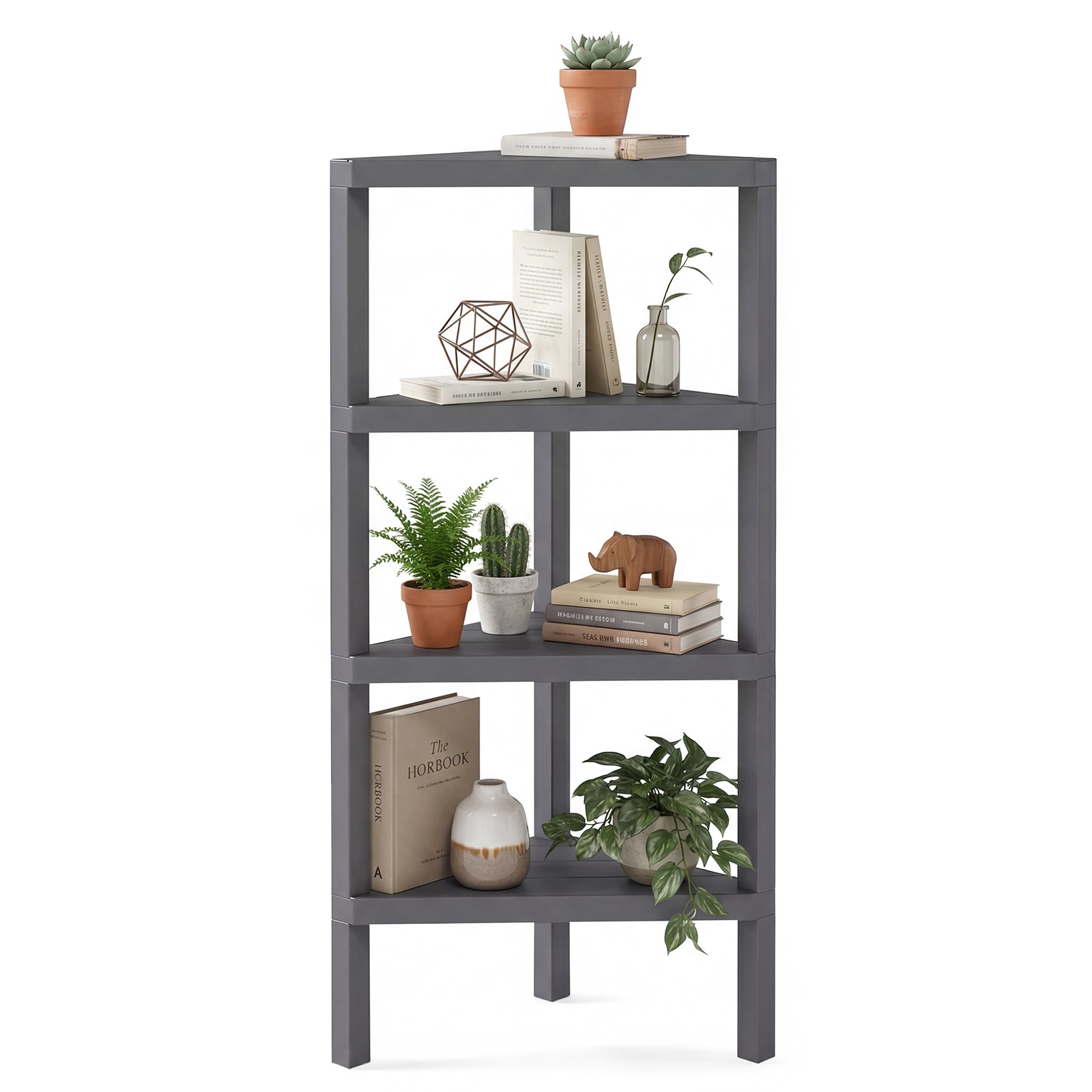 4-Tier Corner Shelf Stand with Open Slatted Shelves-Grey