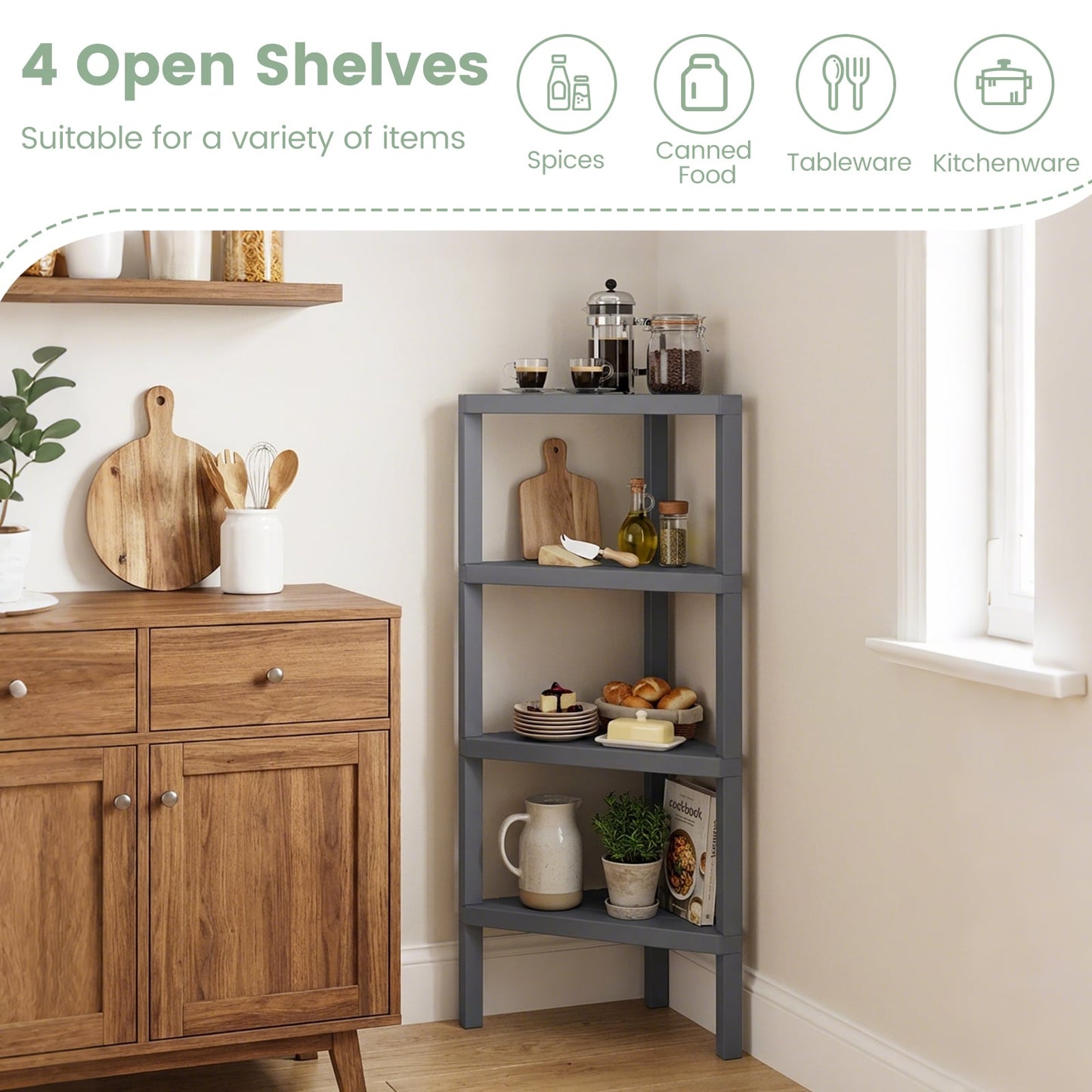 4-Tier Corner Shelf Stand with Open Slatted Shelves-Grey