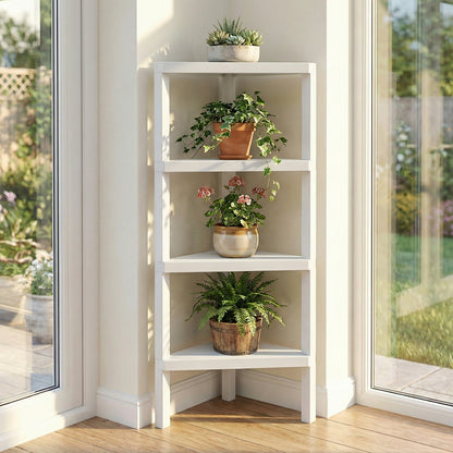 4-Tier Corner Shelf Stand with Open Slatted Shelves-White
