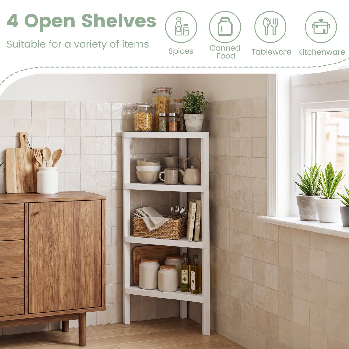 4-Tier Corner Shelf Stand with Open Slatted Shelves-White