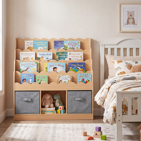 4-Tier Kids Bookshelf and Toy Storage with 2 Foldable Fabric Drawers-Natural