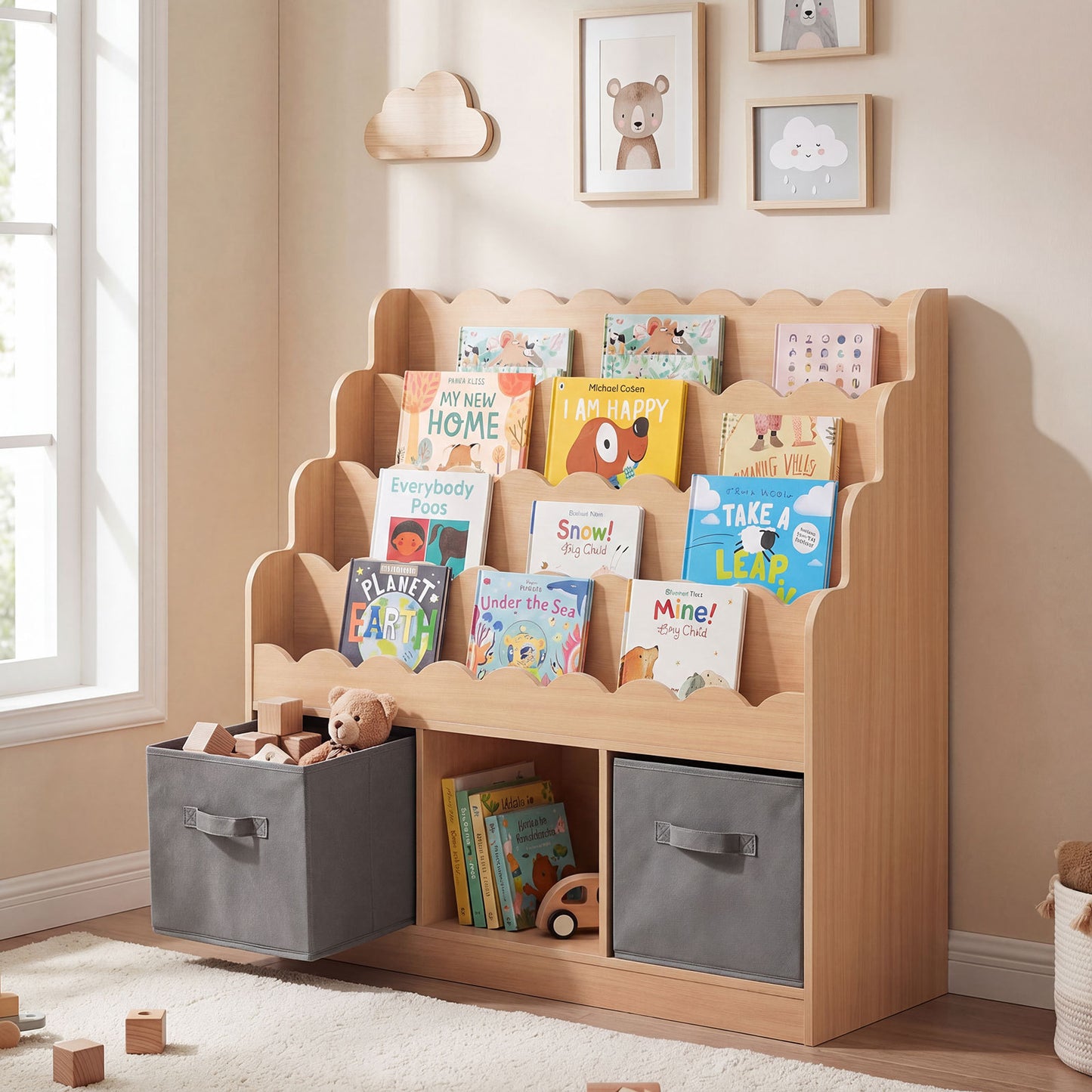 4-Tier Kids Bookshelf and Toy Storage with 2 Foldable Fabric Drawers-Natural