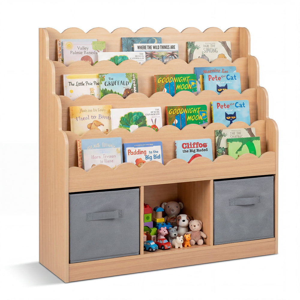 4-Tier Kids Bookshelf and Toy Storage with 2 Foldable Fabric Drawers-Natural