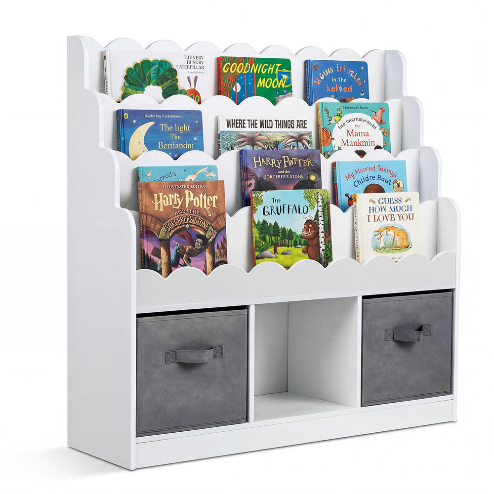 4-Tier Kids Bookshelf and Toy Storage with 2 Foldable Fabric Drawers-White
