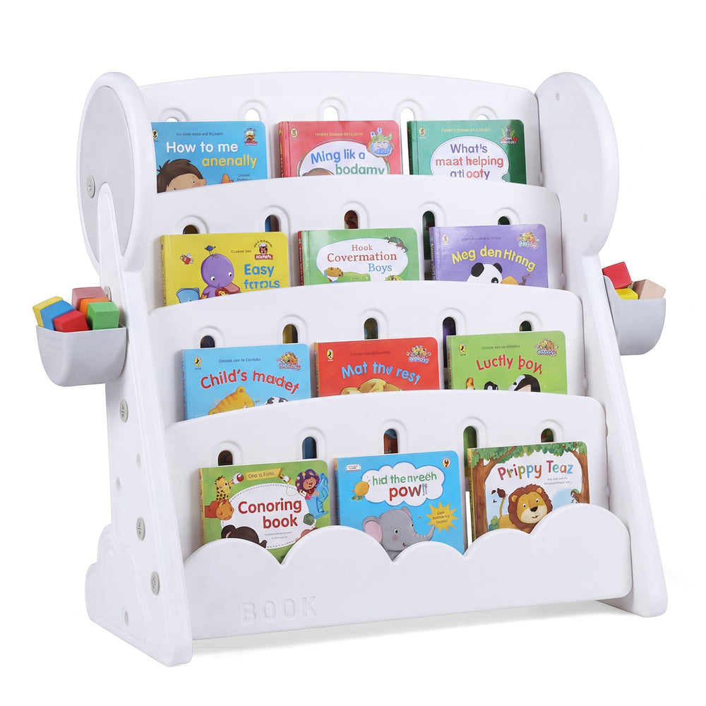 4-Tier Kids Bookshelf with Side Storage Boxes and Reversible Bottom Shelf-Gray & White