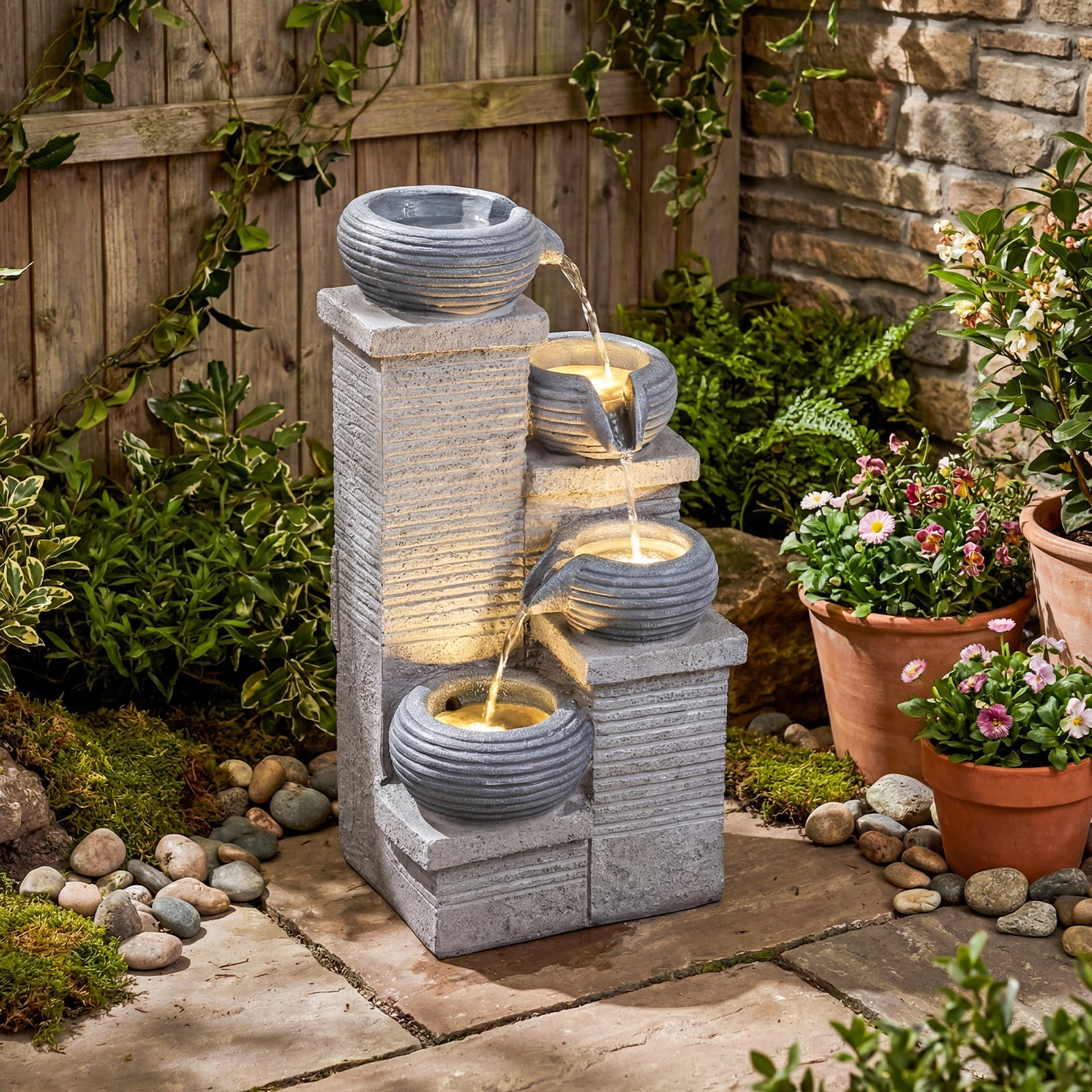 4-Tier Outdoor Water Fountain Cascading Bowl Waterfall Fountain with LED Lights and Pump