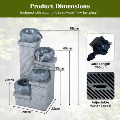4-Tier Outdoor Water Fountain Cascading Bowl Waterfall Fountain with LED Lights and Pump
